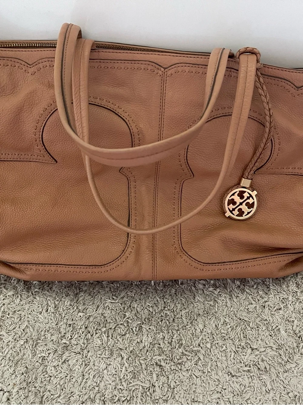 Tory Burch Cognac Leather Tote with Logo Charm